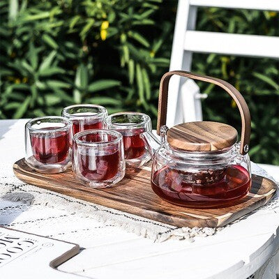 Glass Teapot Set With Wooden Tray, Double-Layer Glass Teacup