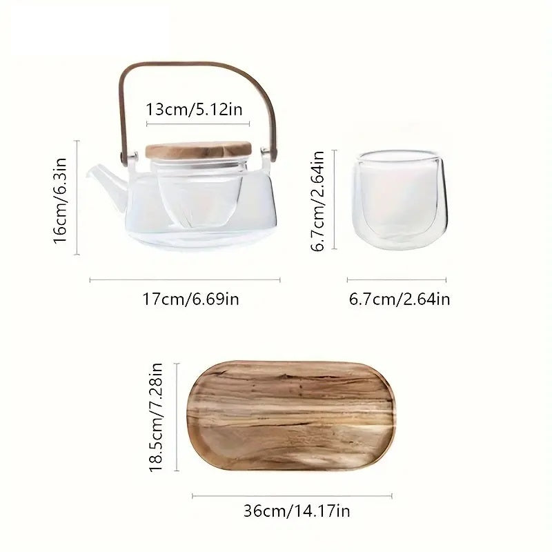 Glass Teapot Set With Wooden Tray, Double-Layer Glass Teacup
