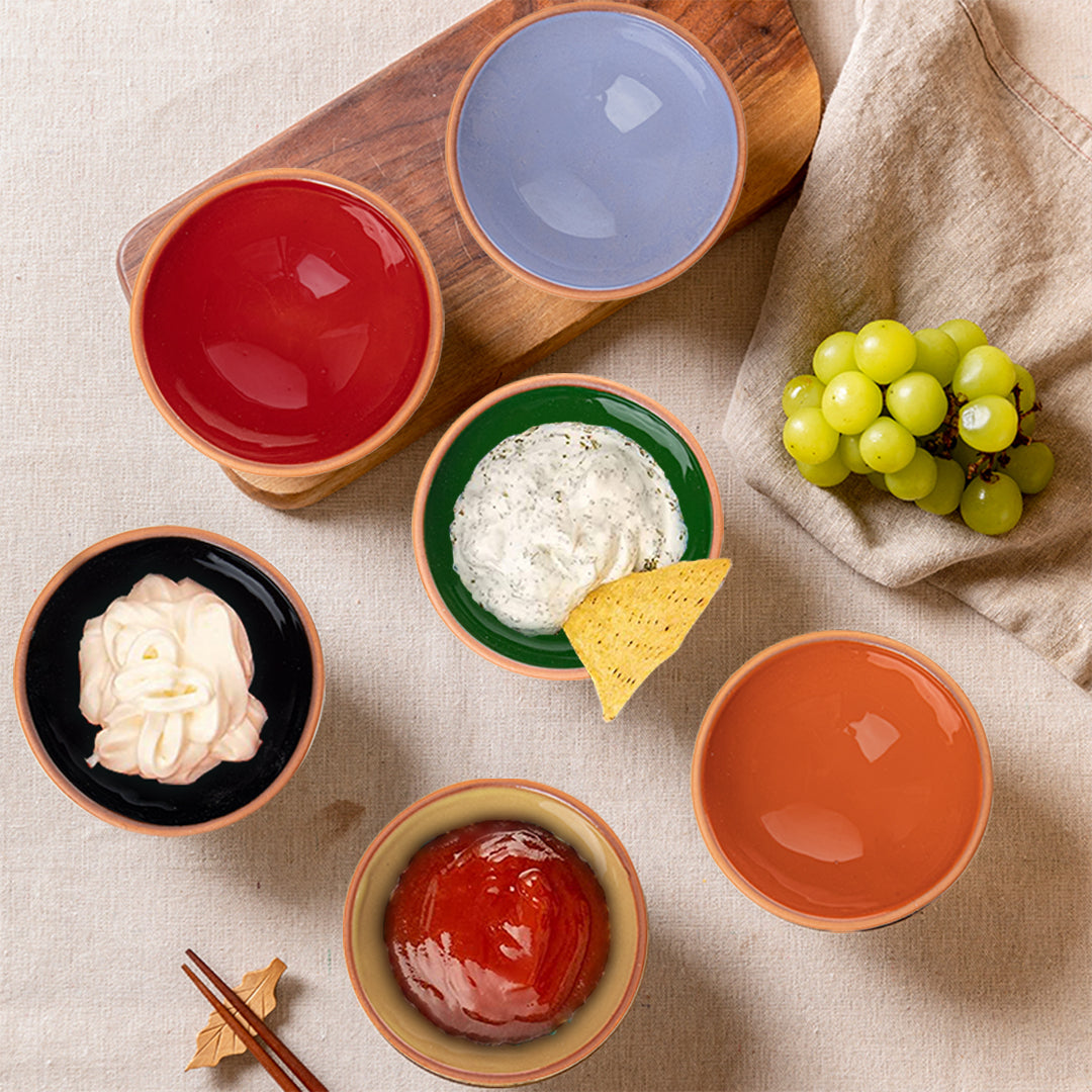 Set of 6 Terracotta Dip Bowls – Ruabon, Mixed Glazes – 8cm
