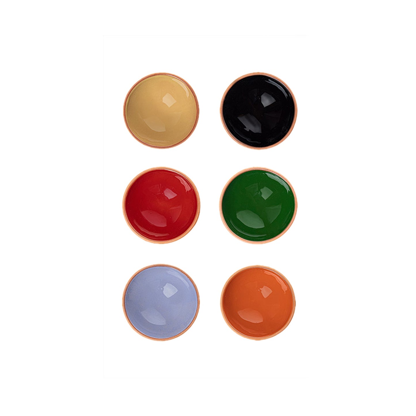 Set of 6 Terracotta Dip Bowls – Ruabon, Mixed Glazes – 8cm