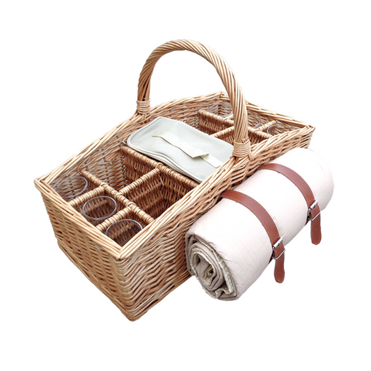 4 Bottle Wicker Drinks Basket with Glasses and Blanket