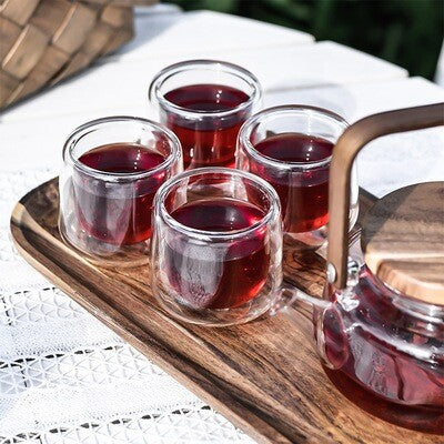 Glass Teapot Set With Wooden Tray, Double-Layer Glass Teacup